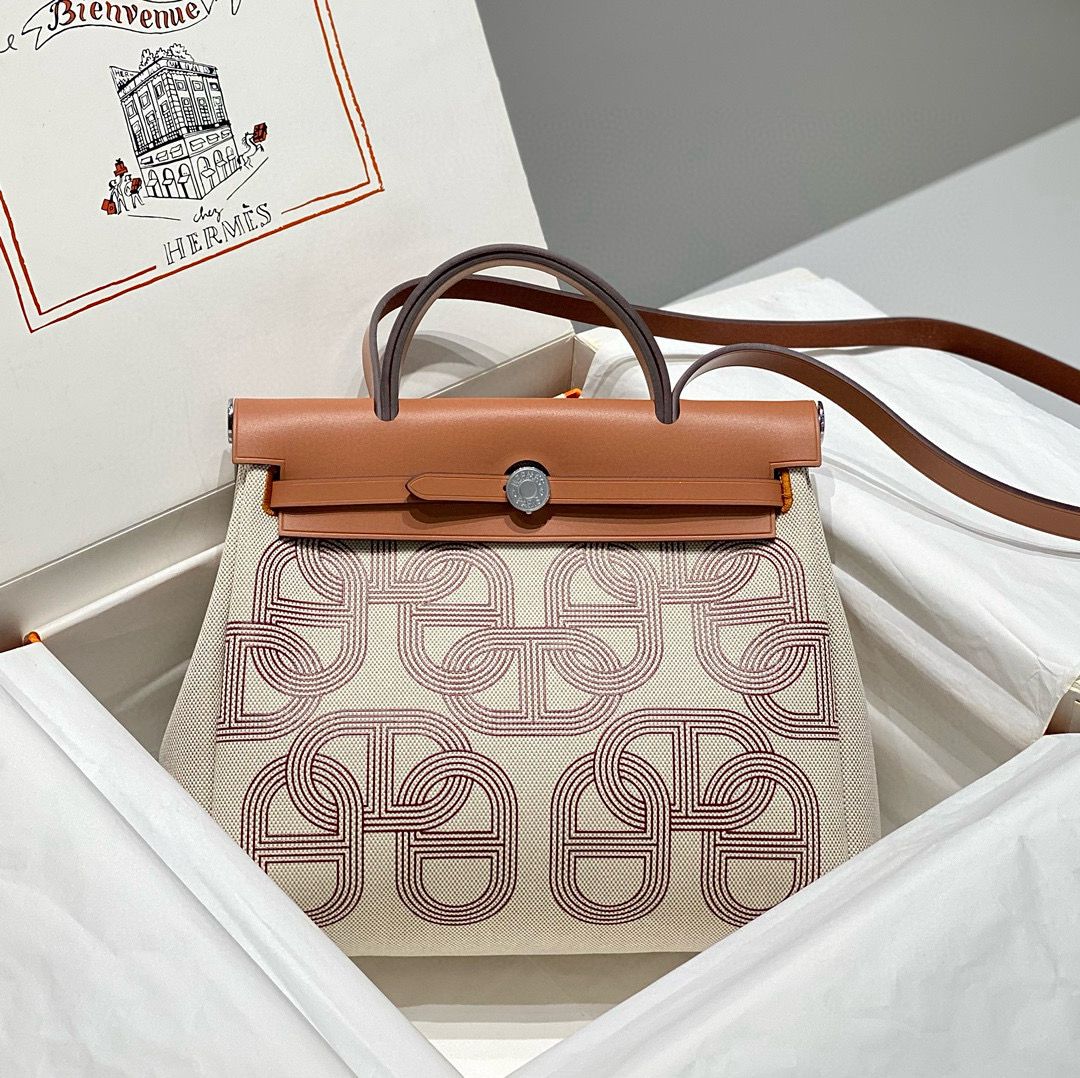 Hermes Herbag 31CM Original Canvas Print Leather & Calfskin 48887 Cream&Brown Hermes Herbag 31CM Original Canvas Print Leather & Calfskin 48887 Cream&Brown