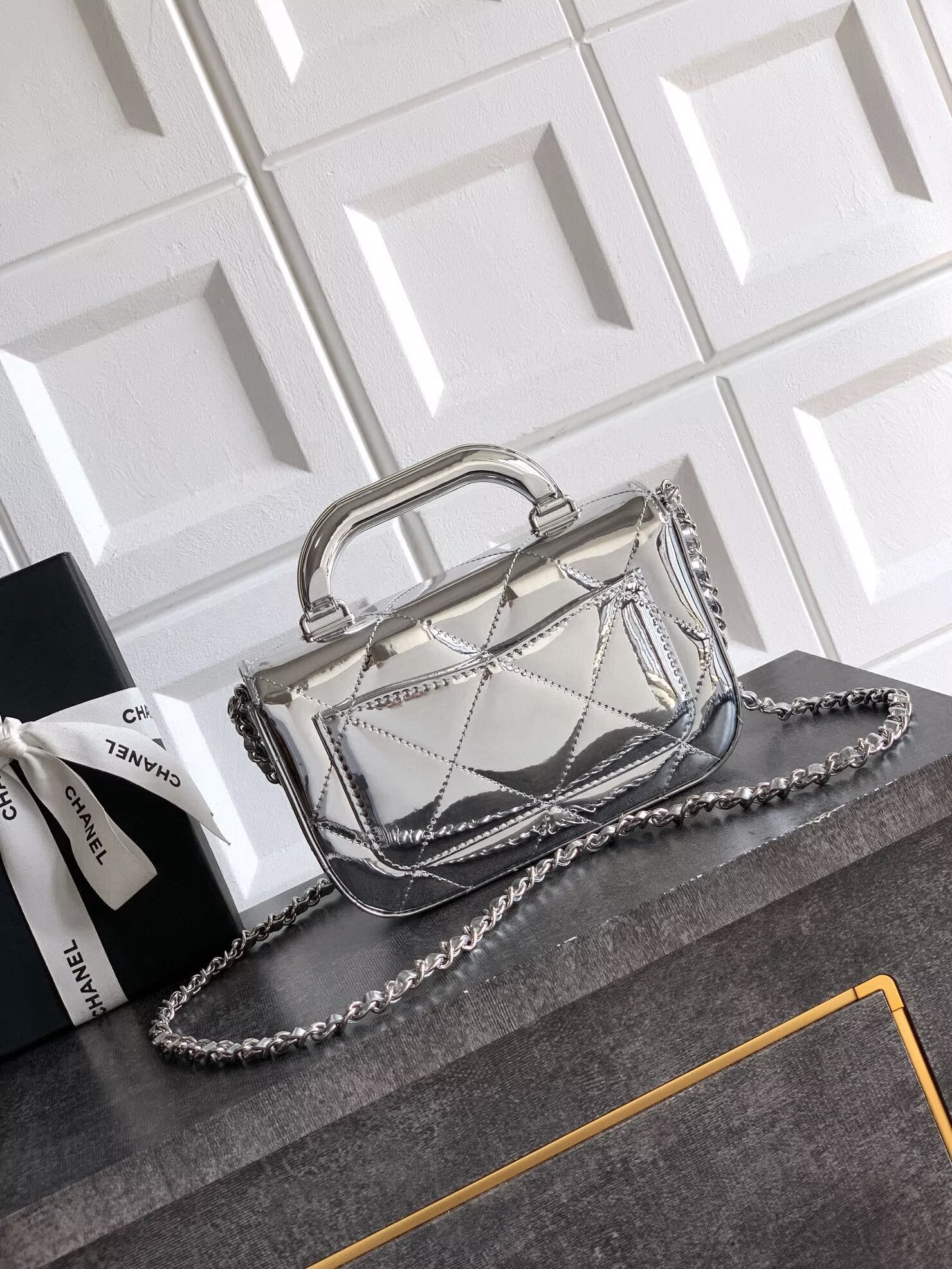 Chanel 25K Original Patent Leather Top Handle Bag  A6320 Silver