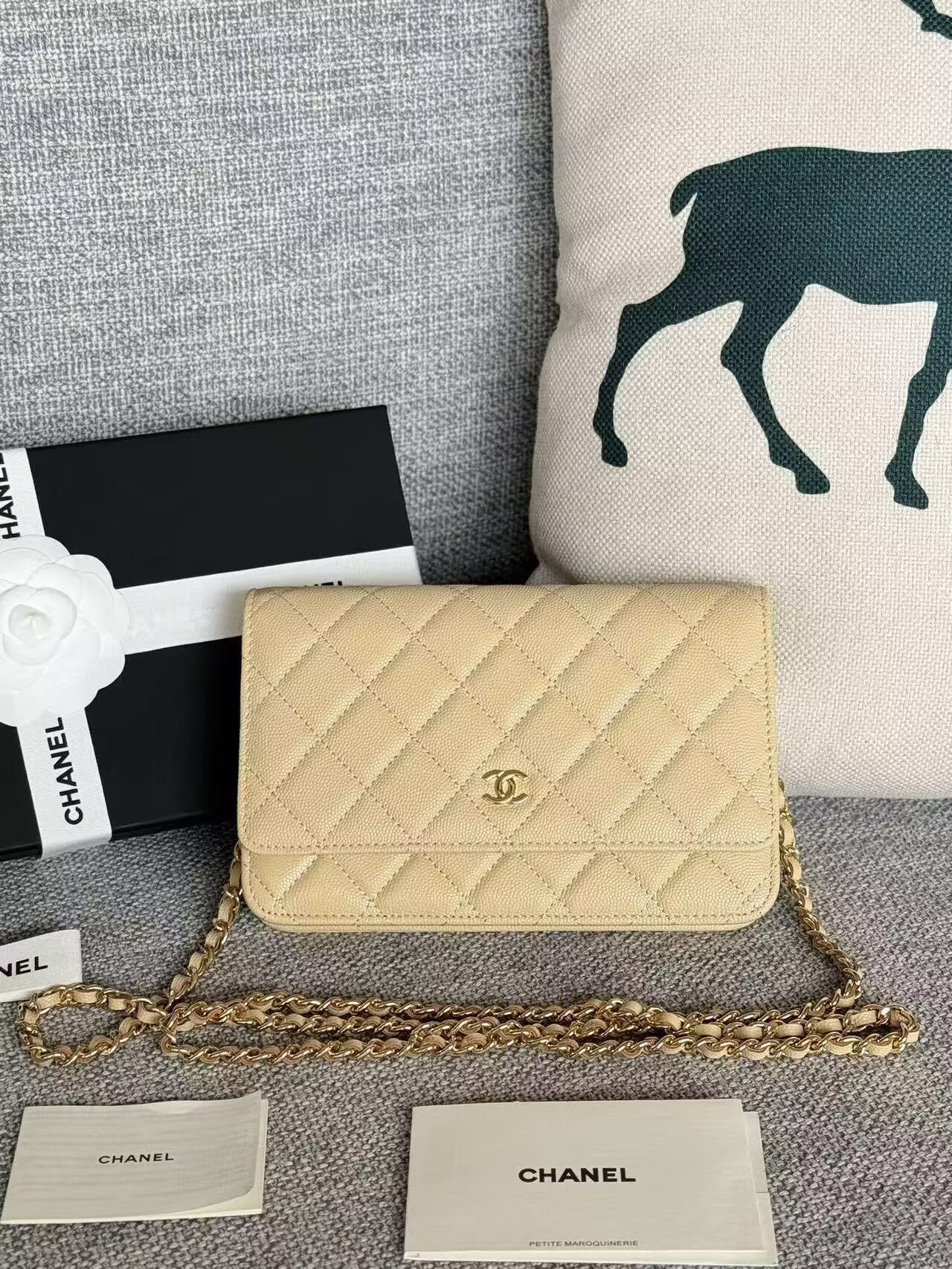 Chanel WOC Original Caviar Leather Flap cross-body bag CF33814 Beige Gold chain