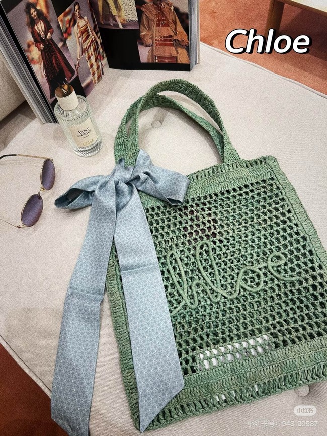 Chloe SUMMER straw and leather tote bag 0824P green