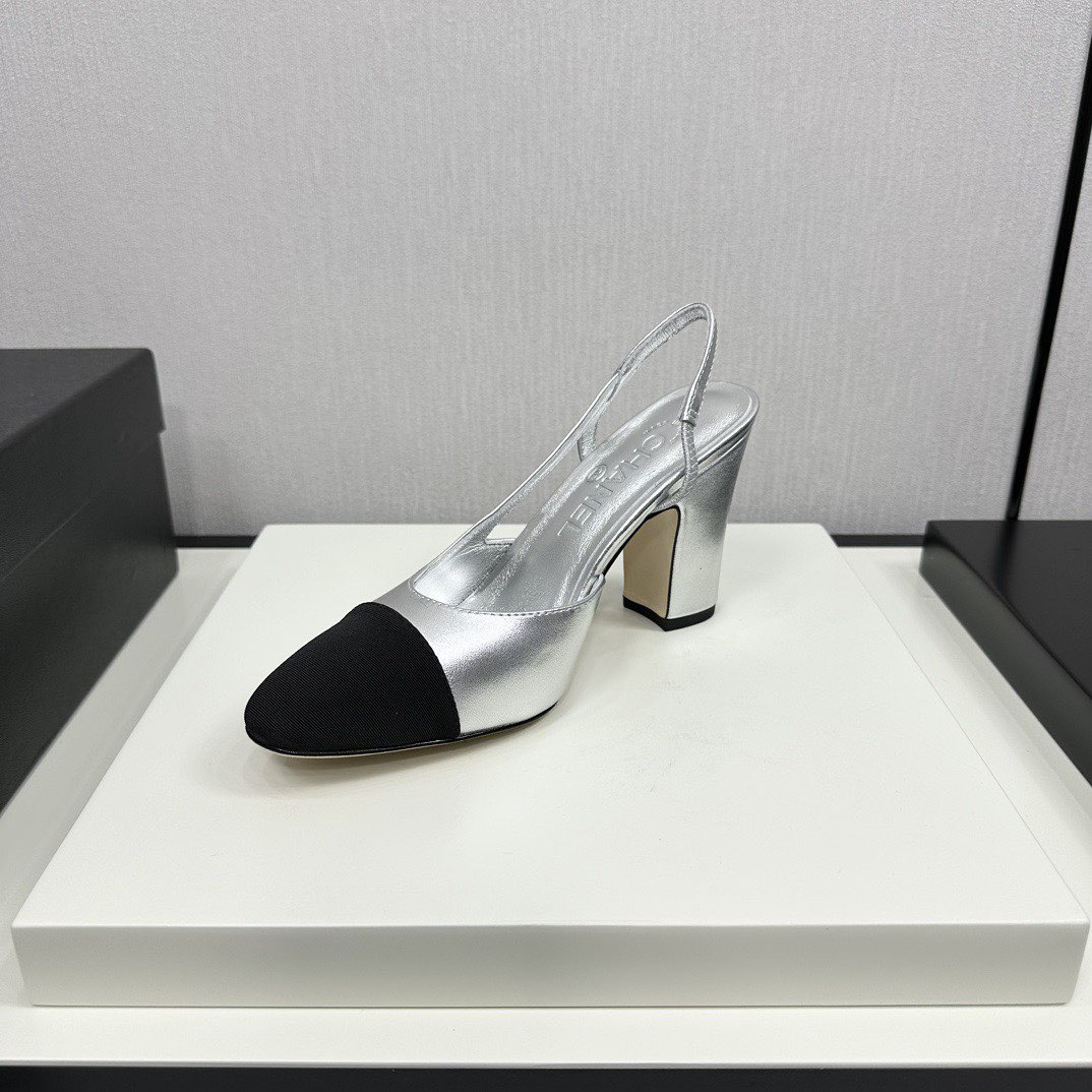 Chanel Sandals Calfskin Shoes 9CM Heels 63012 Silver