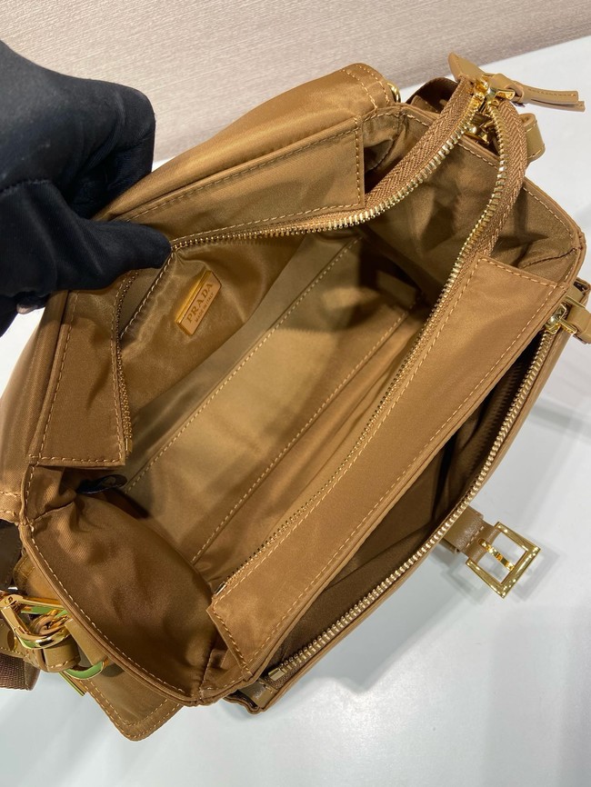 Prada Route medium leather tote bag Re-Nylon 1BD394 camel